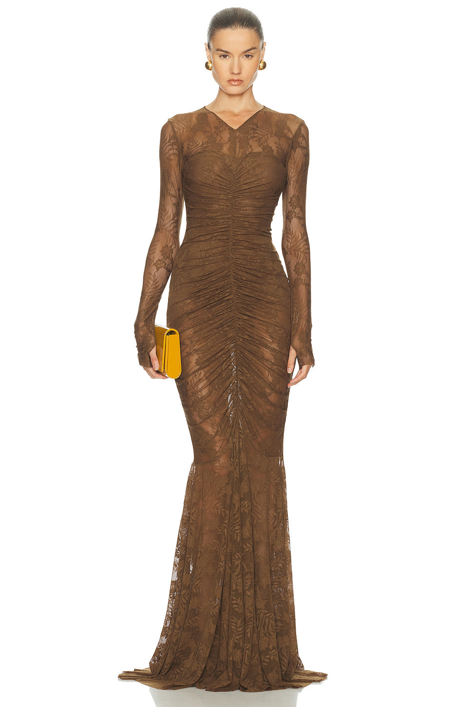 Long Sleeve V Neck Shirred Front Fishtail Gown