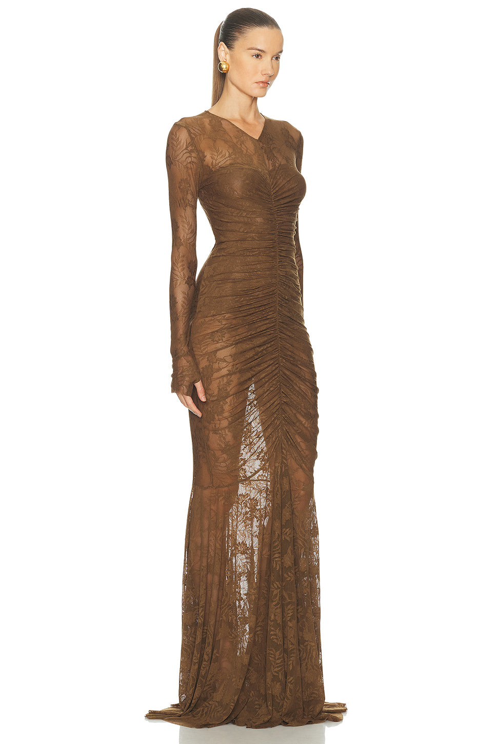 Long Sleeve V Neck Shirred Front Fishtail Gown