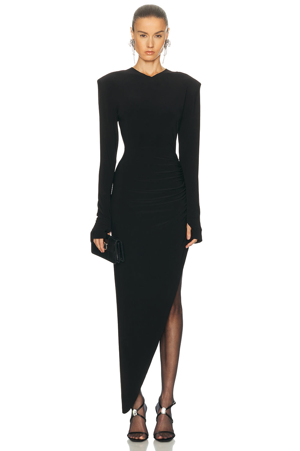 Long Sleeve Shoulder Pad V Neck Side Drape Gown