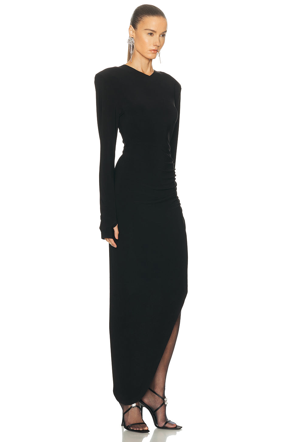 Long Sleeve Shoulder Pad V Neck Side Drape Gown