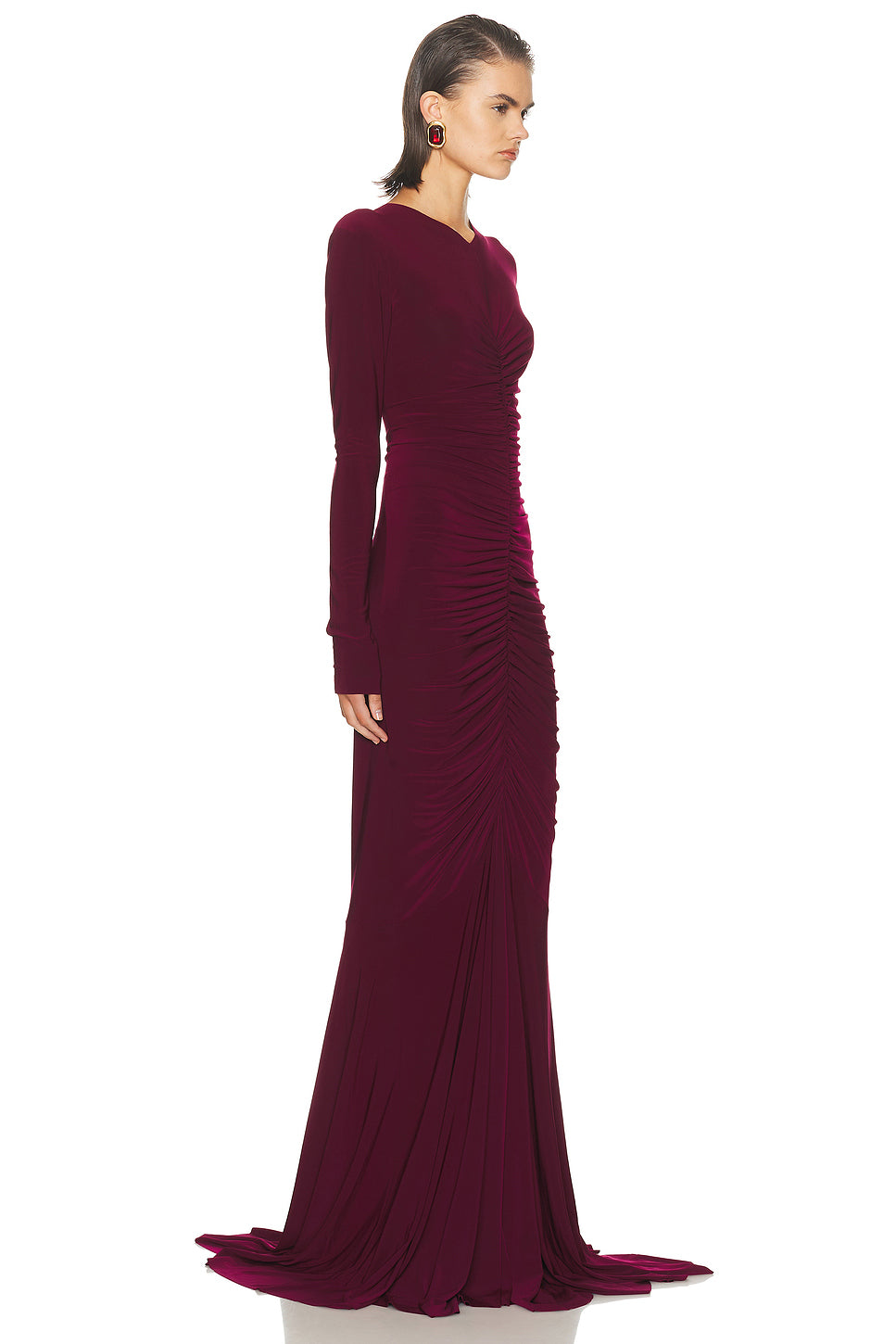 Long Sleeve V Neck Shirred Front Fishtail Gown
