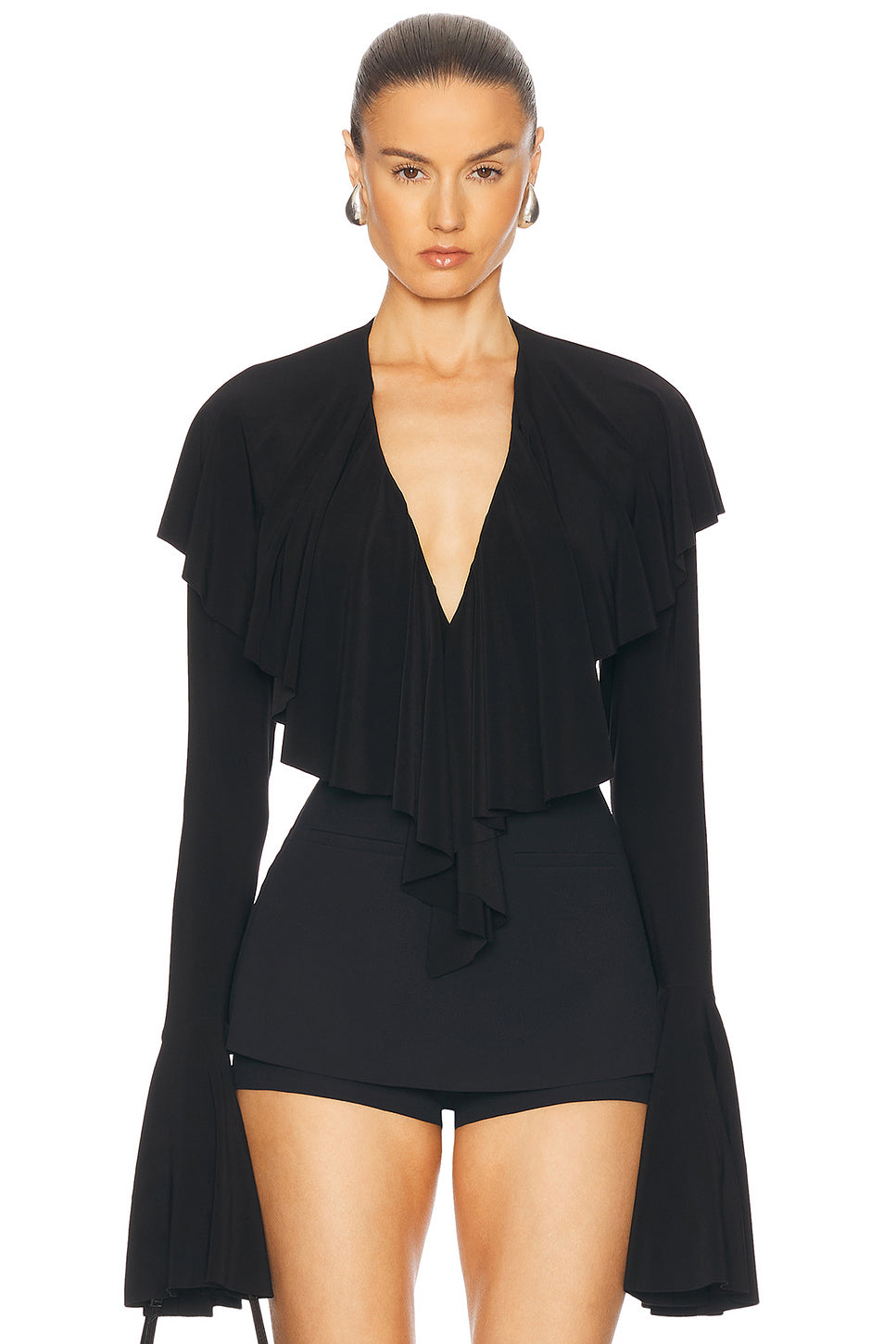 Long Sleeve Deep V Ruffle Bodysuit