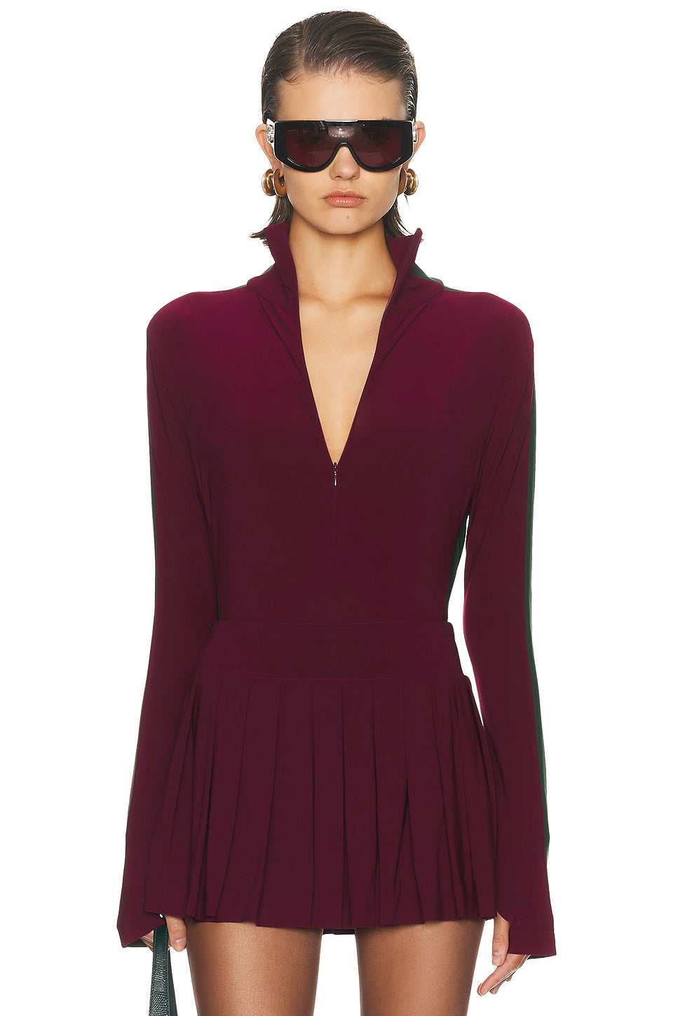 Side Stripe Zip Front Long Sleeve Turtleneck Bodysuit
