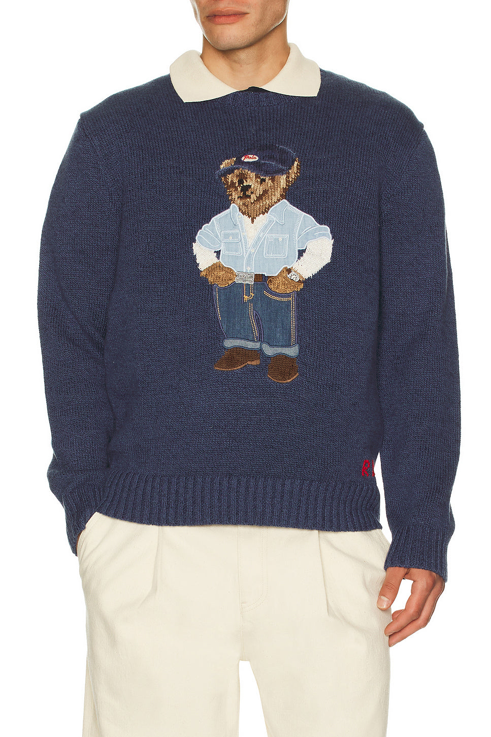 Long Sleeve Cotton Linen Novelty Denim Bear Crewneck Sweater