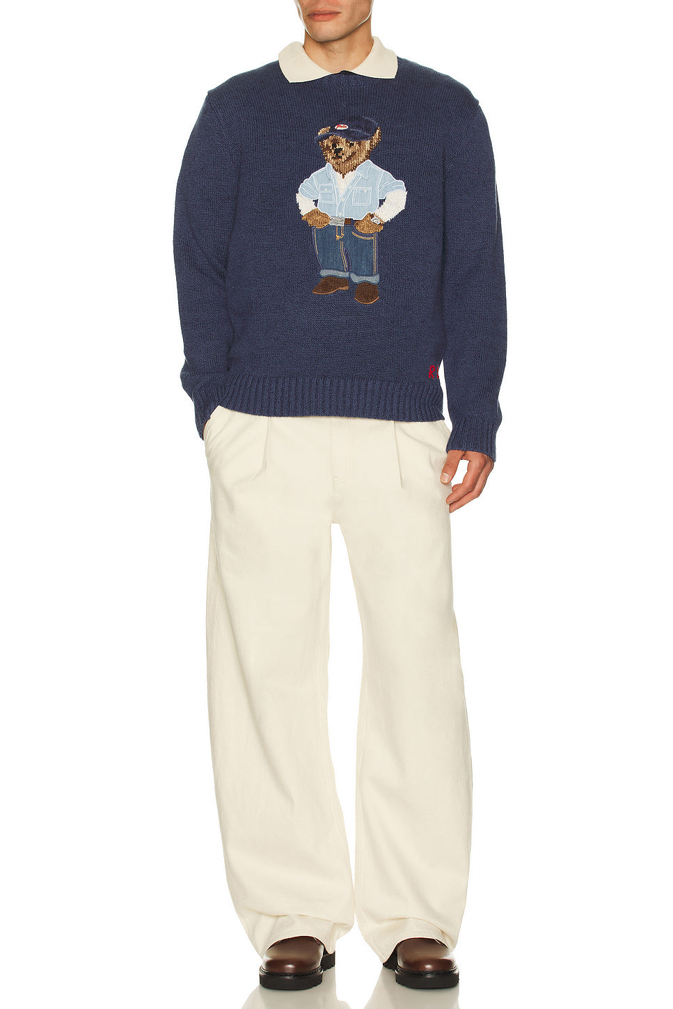 Long Sleeve Cotton Linen Novelty Denim Bear Crewneck Sweater