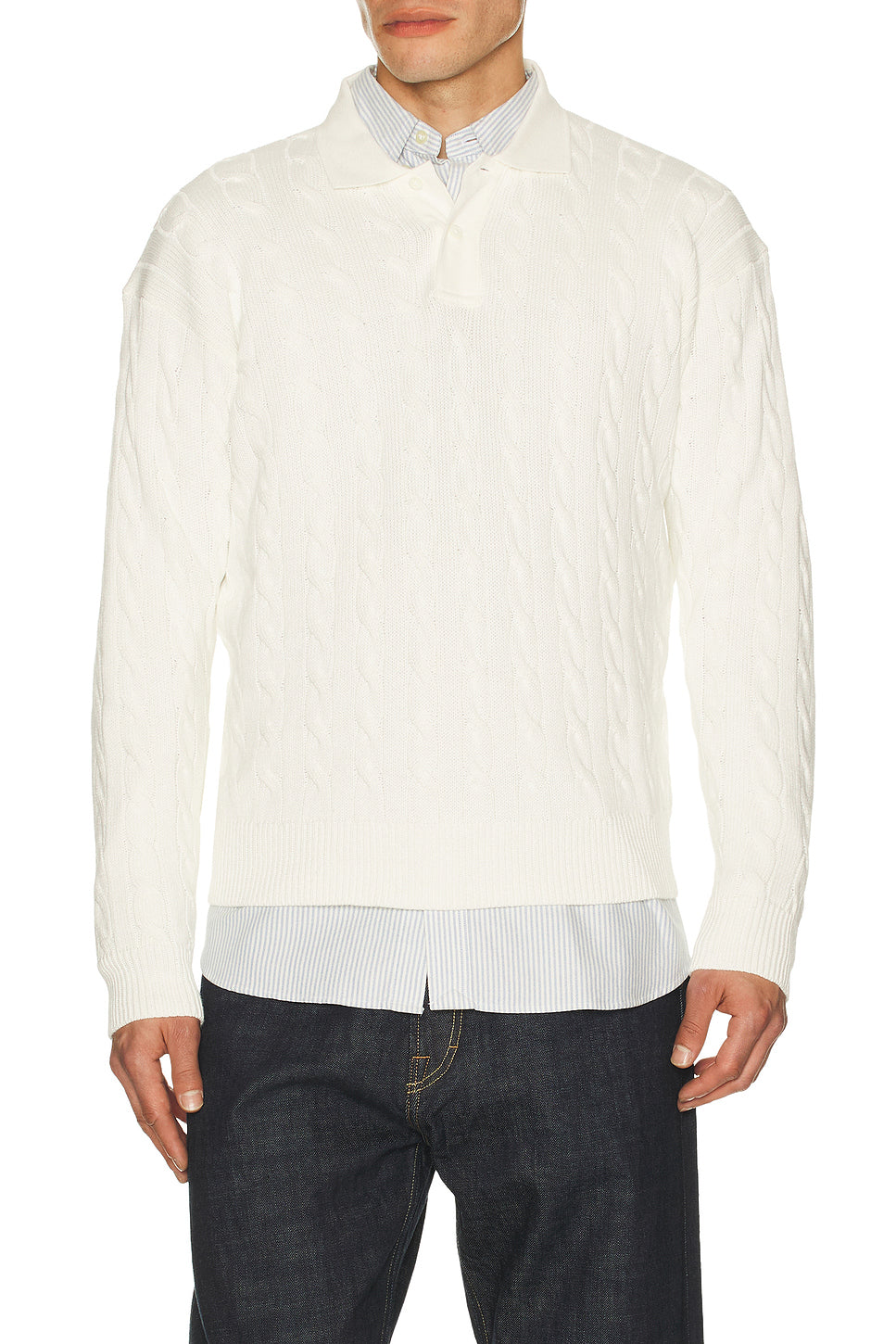 Long Sleeve Garment Dyed Cable Knit Polo Sweater Relaxed Fit