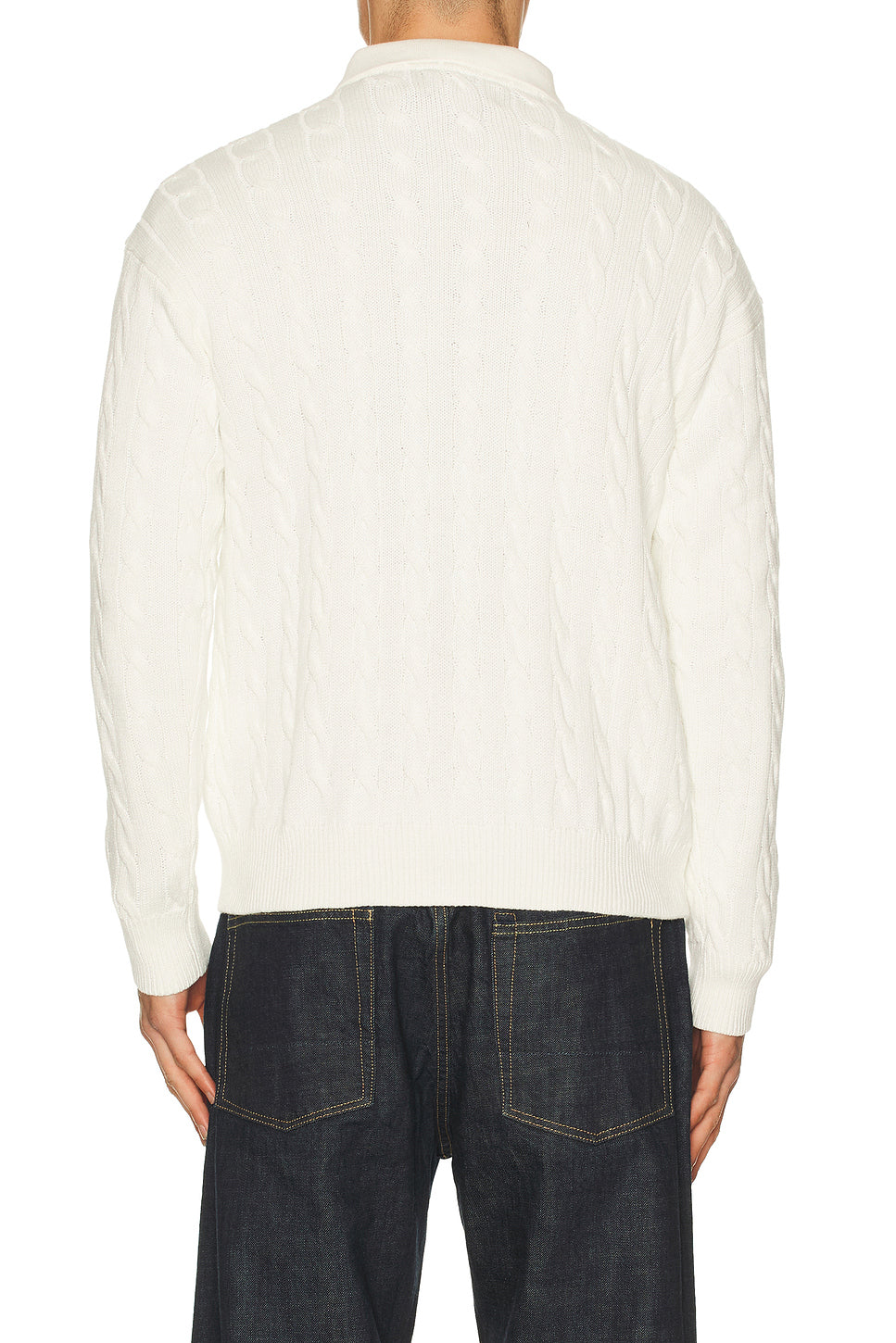 Long Sleeve Garment Dyed Cable Knit Polo Sweater Relaxed Fit
