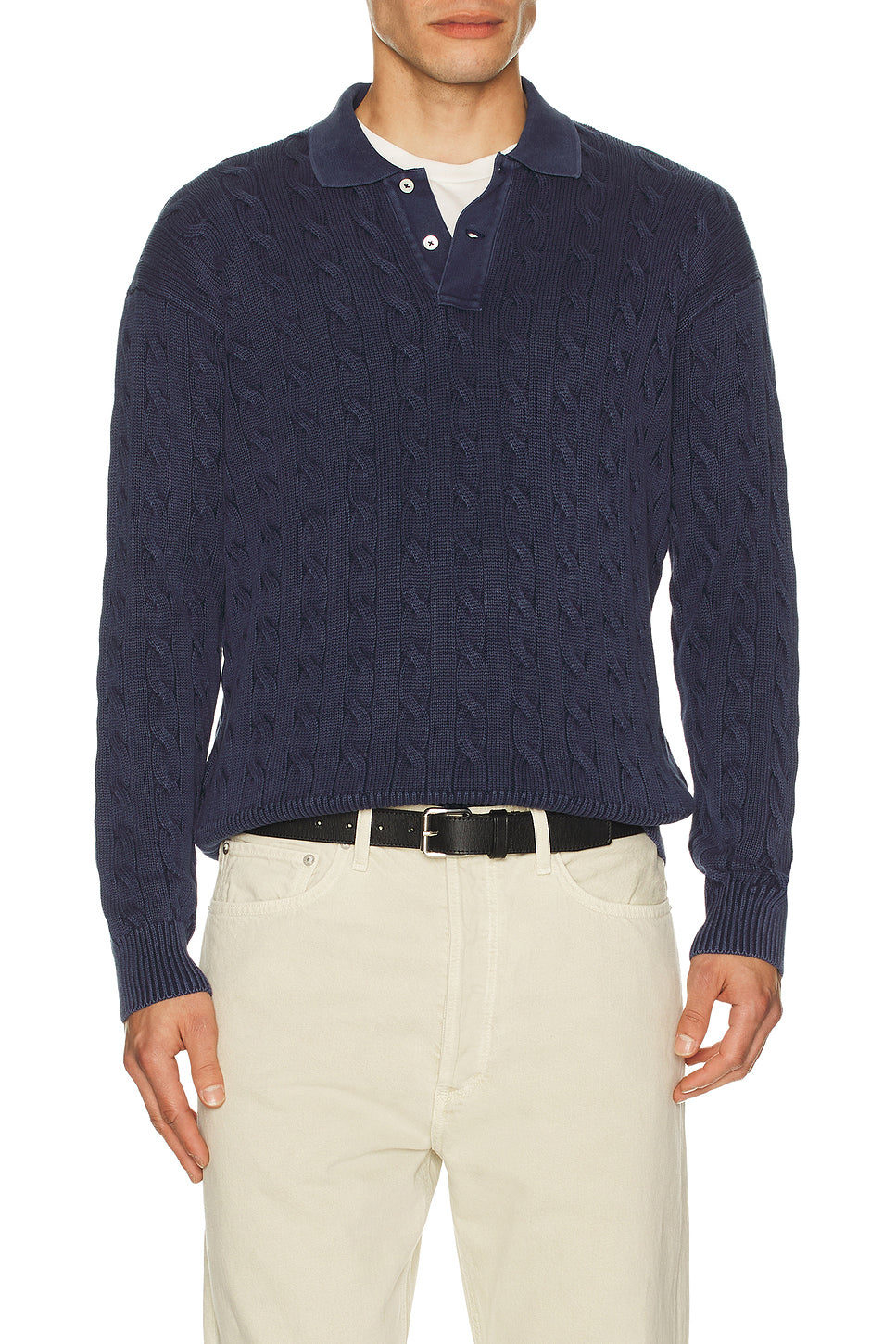 Long Sleeve Garment Dyed Cable Knit Polo Sweater