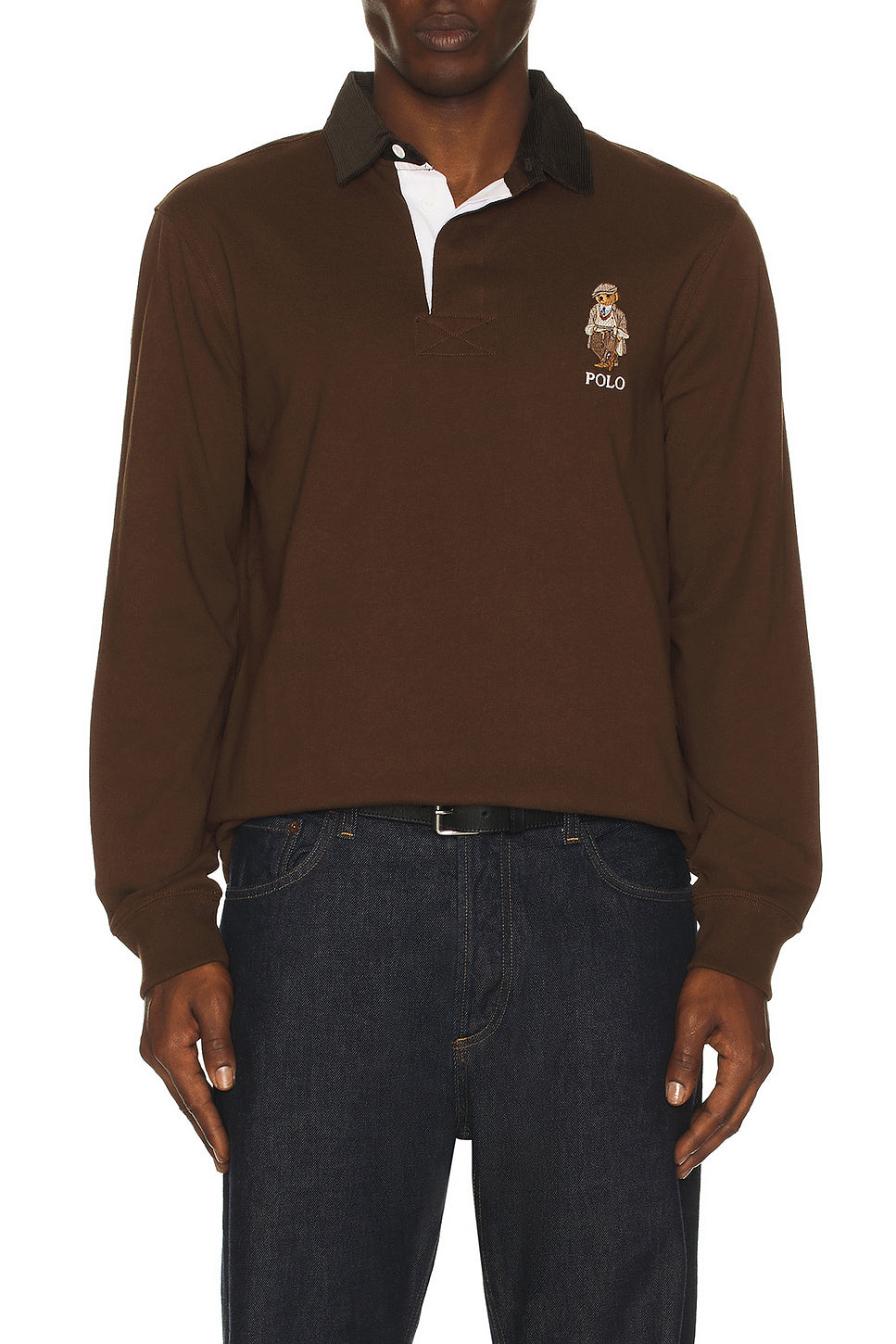 Long-sleeve Jersey Knit Novelty Bear Rugby Polo W/ Cord Collar