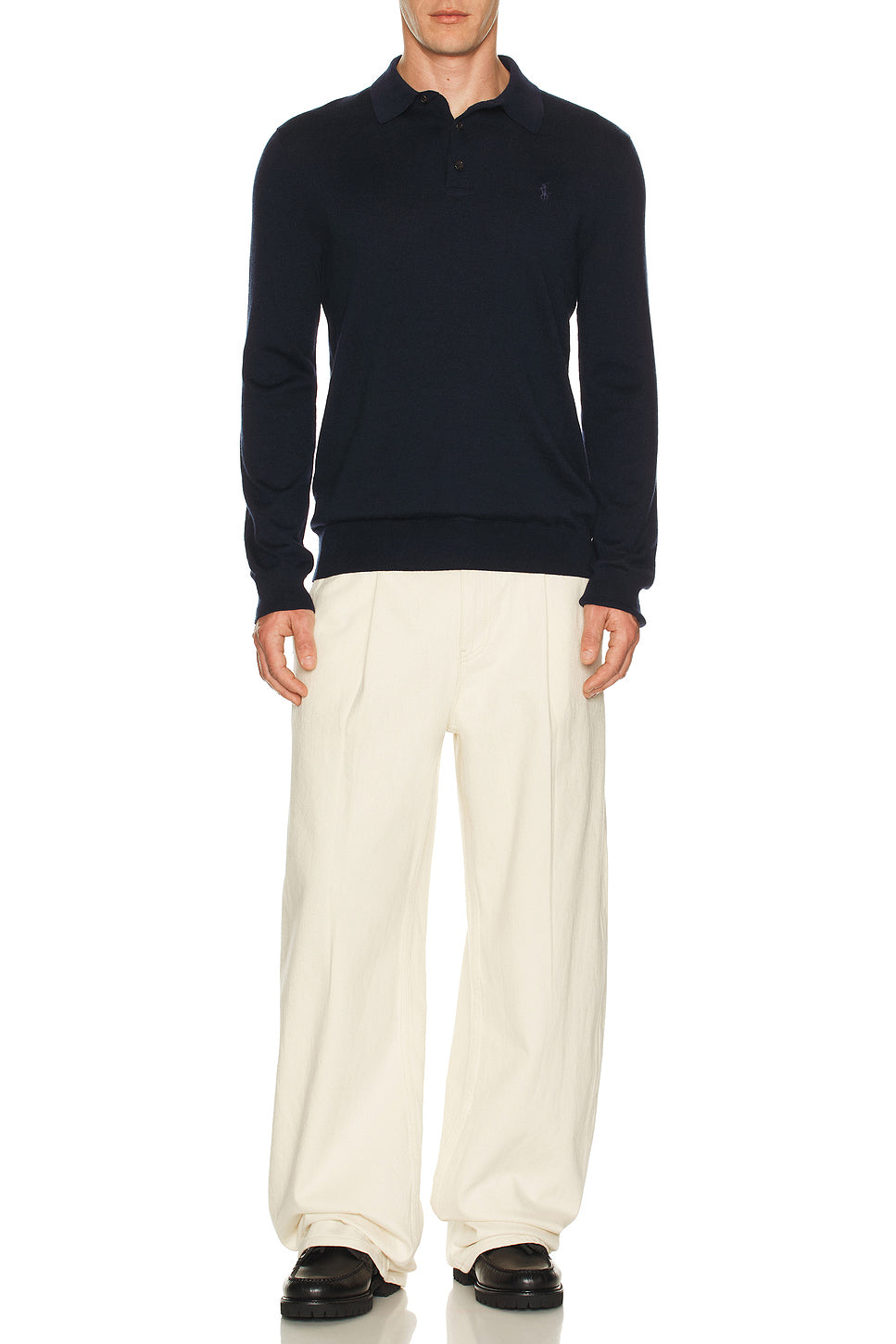 Long Sleeve Merino Wool Button Placket Polo Sweater