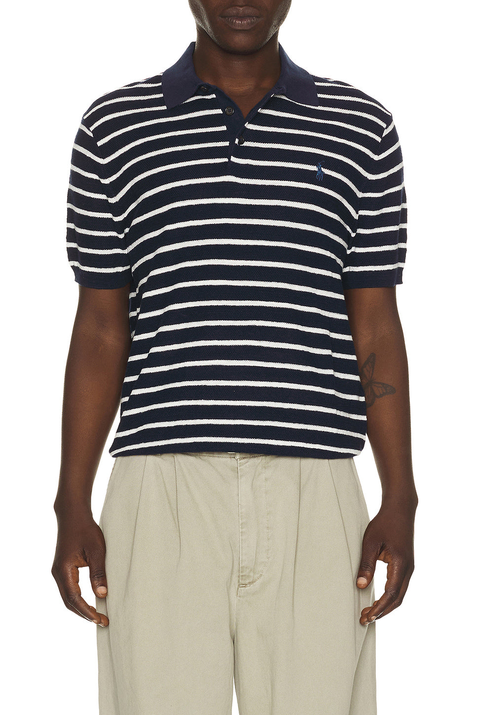 Cotton Blend Textured 3 Button Placket Short Sleeve Polo Sweater