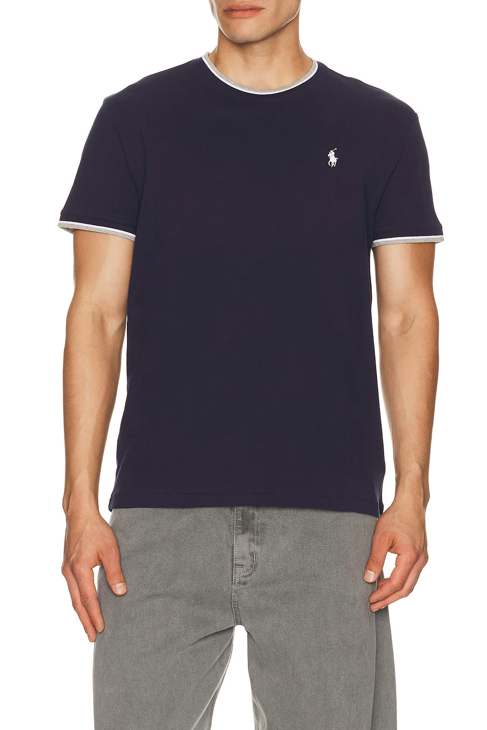 Short Sleeve Stretch Mesh Crewneck Tee With Tipping Collar