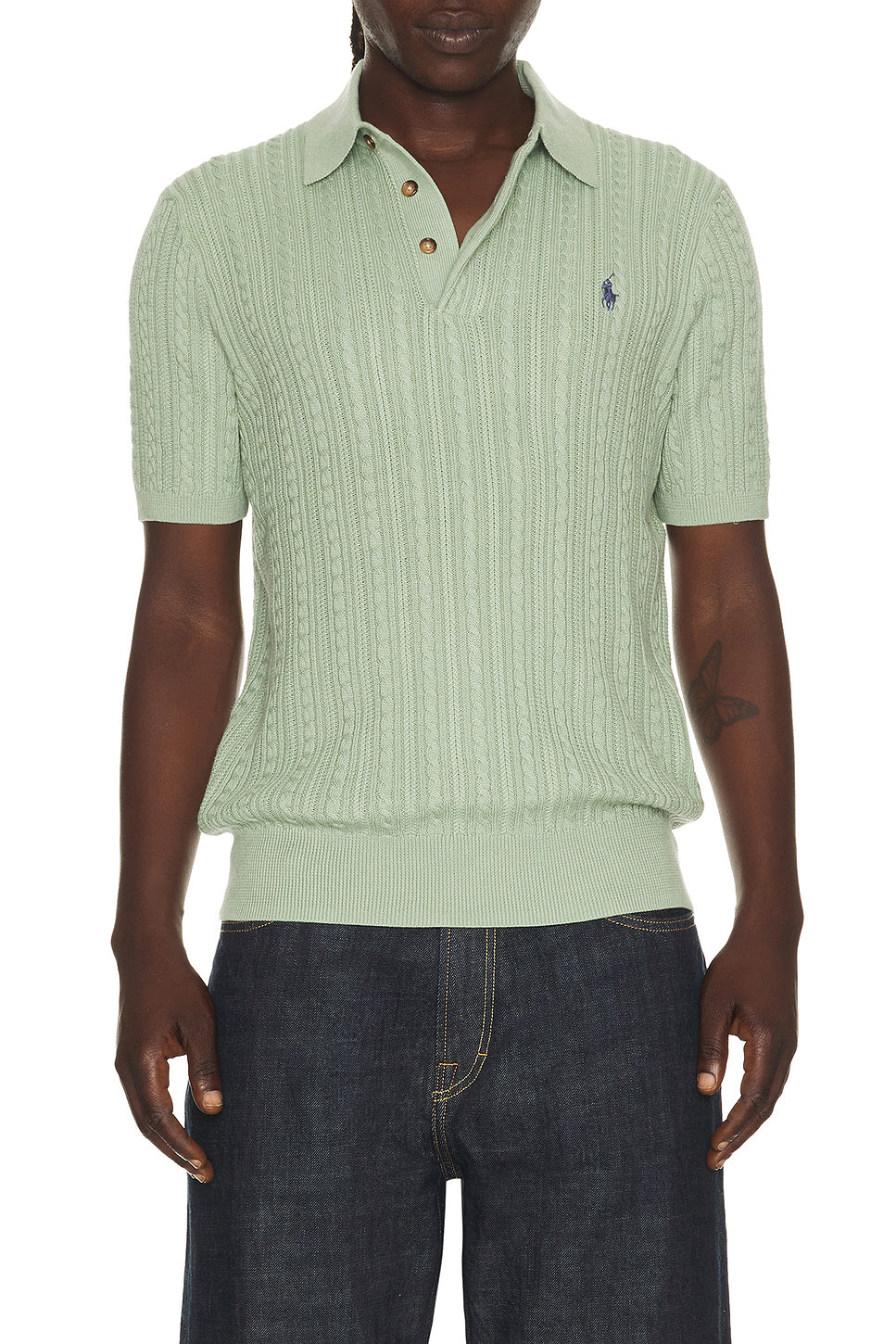 Short Sleeve Featherweight Cable Knit 3-button Placket Polo Sweater