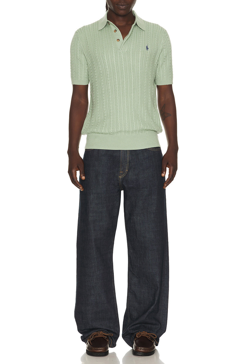 Short Sleeve Featherweight Cable Knit 3-button Placket Polo Sweater