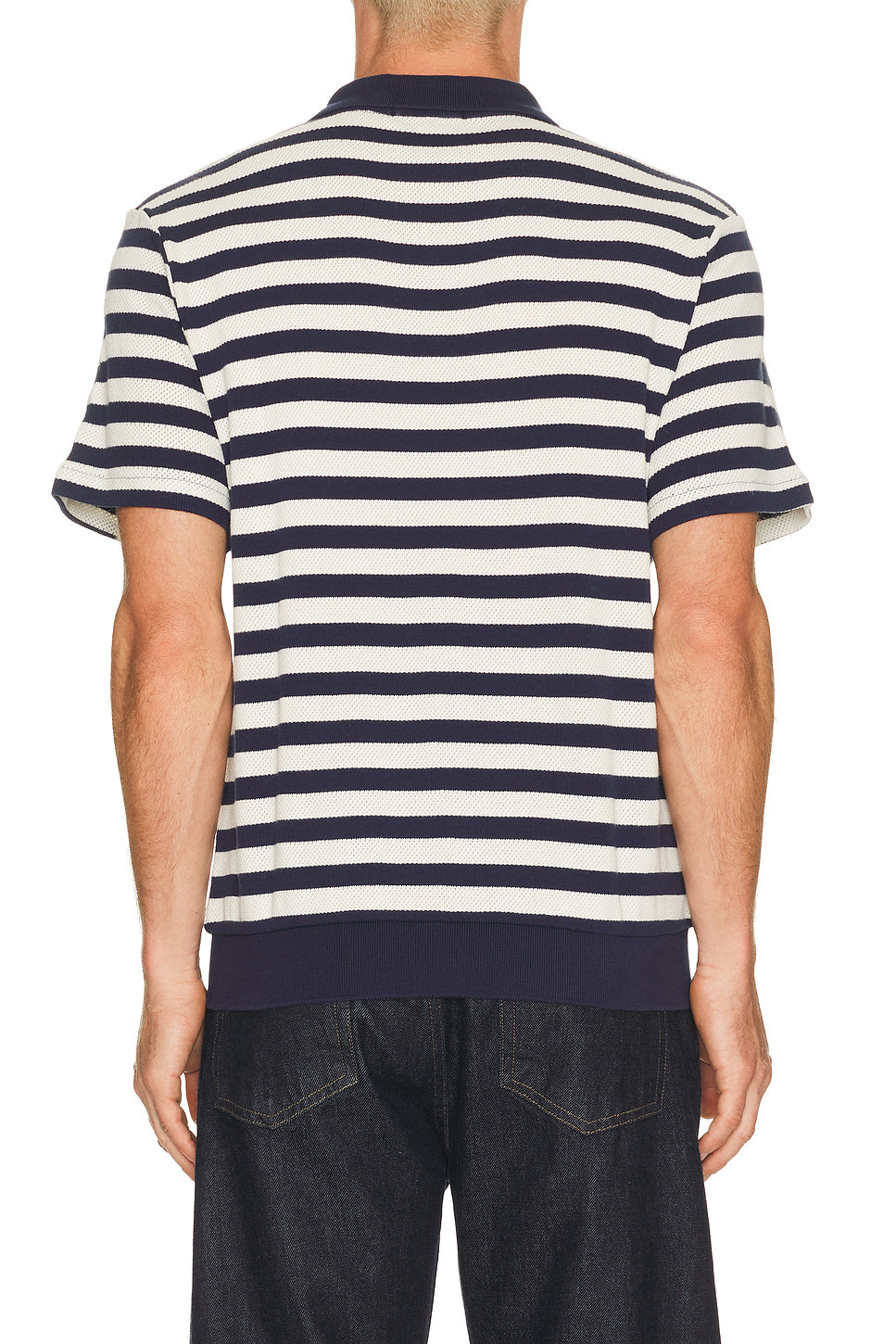 Short Sleeve Cotton Club Stripe Textured Fully Fashioned Johnny Collar Polo