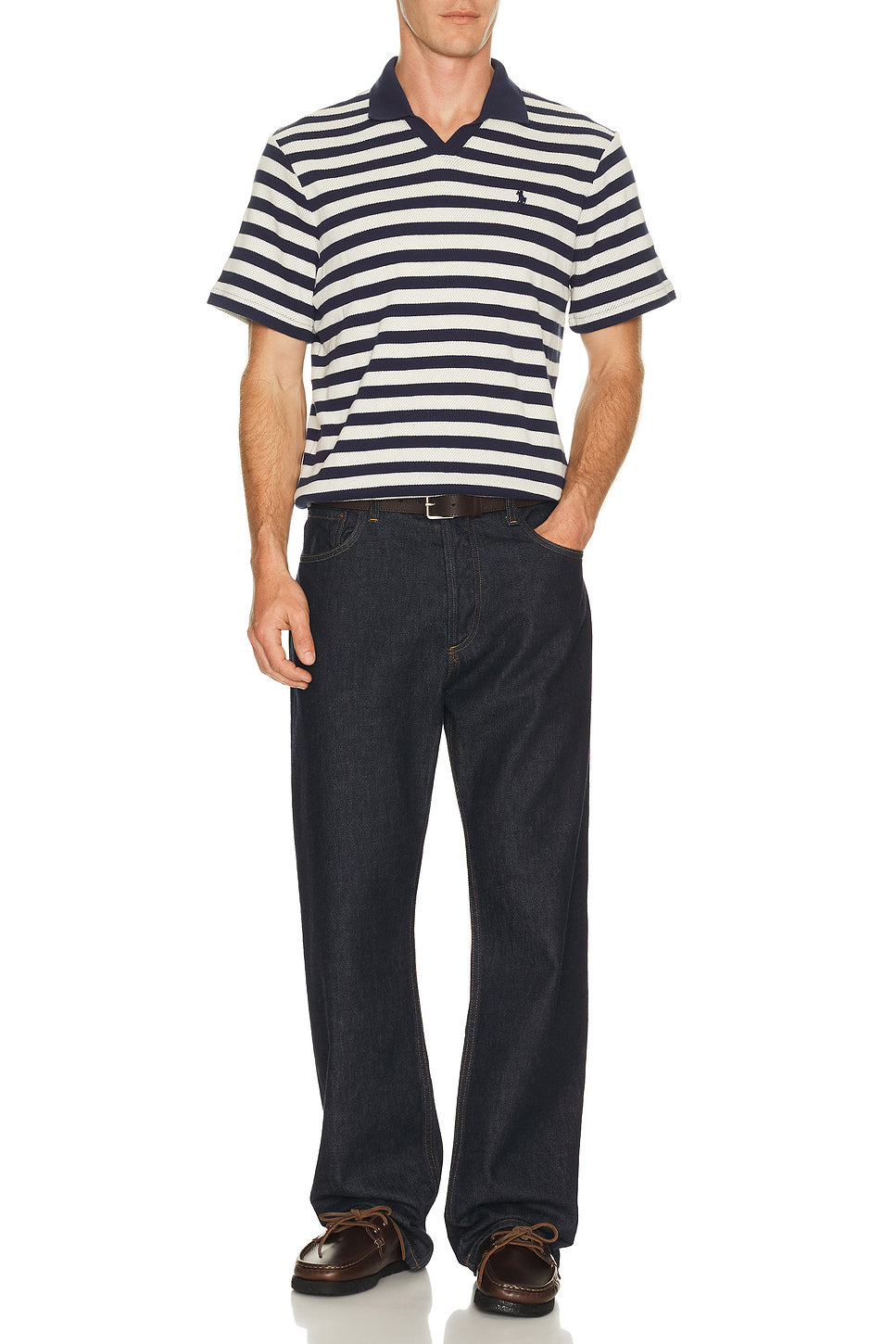 Short Sleeve Cotton Club Stripe Textured Fully Fashioned Johnny Collar Polo