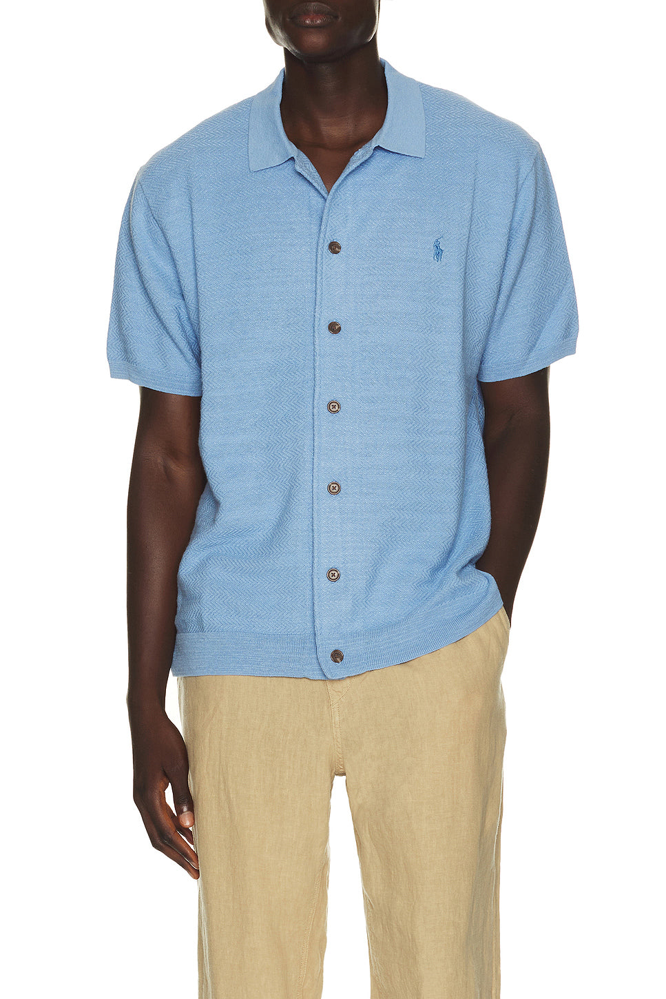 Short Sleeve Cotton Blend Textured Cardigan Sweater With Collar
