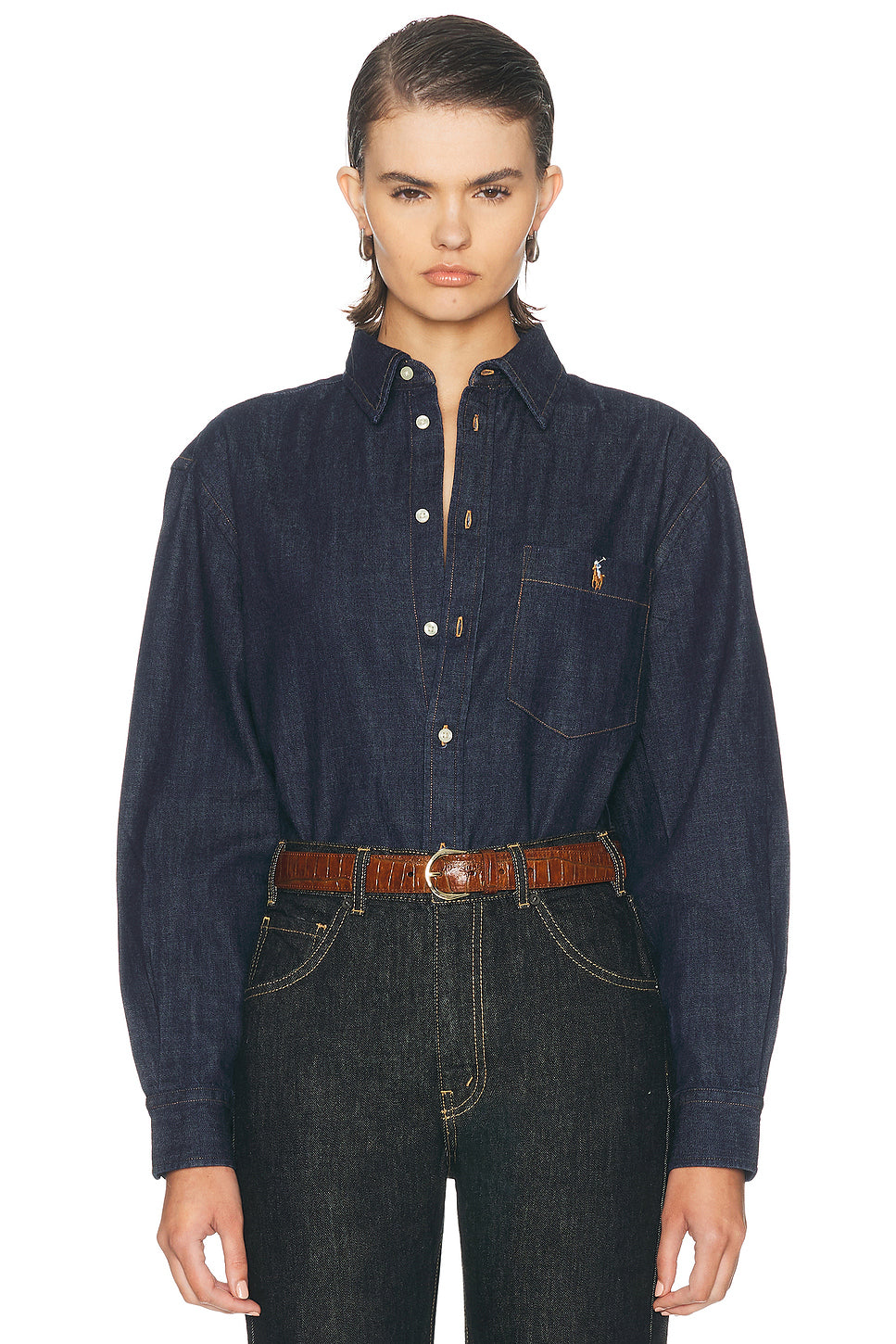 Denim Long Sleeve Collared Shirt