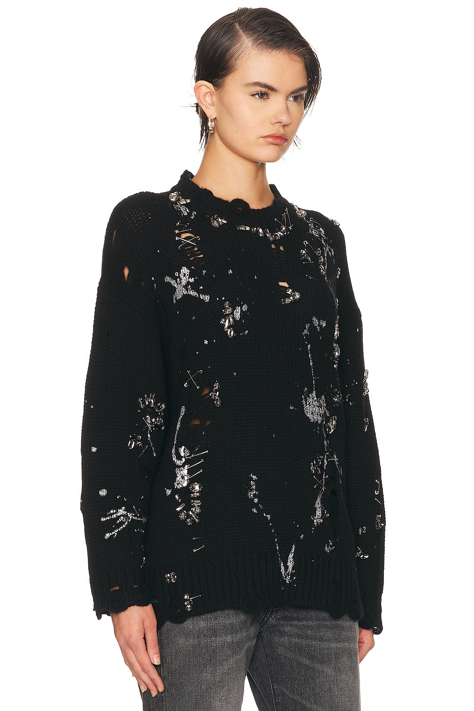 Distressed Oversized Crystal Pin Sweater