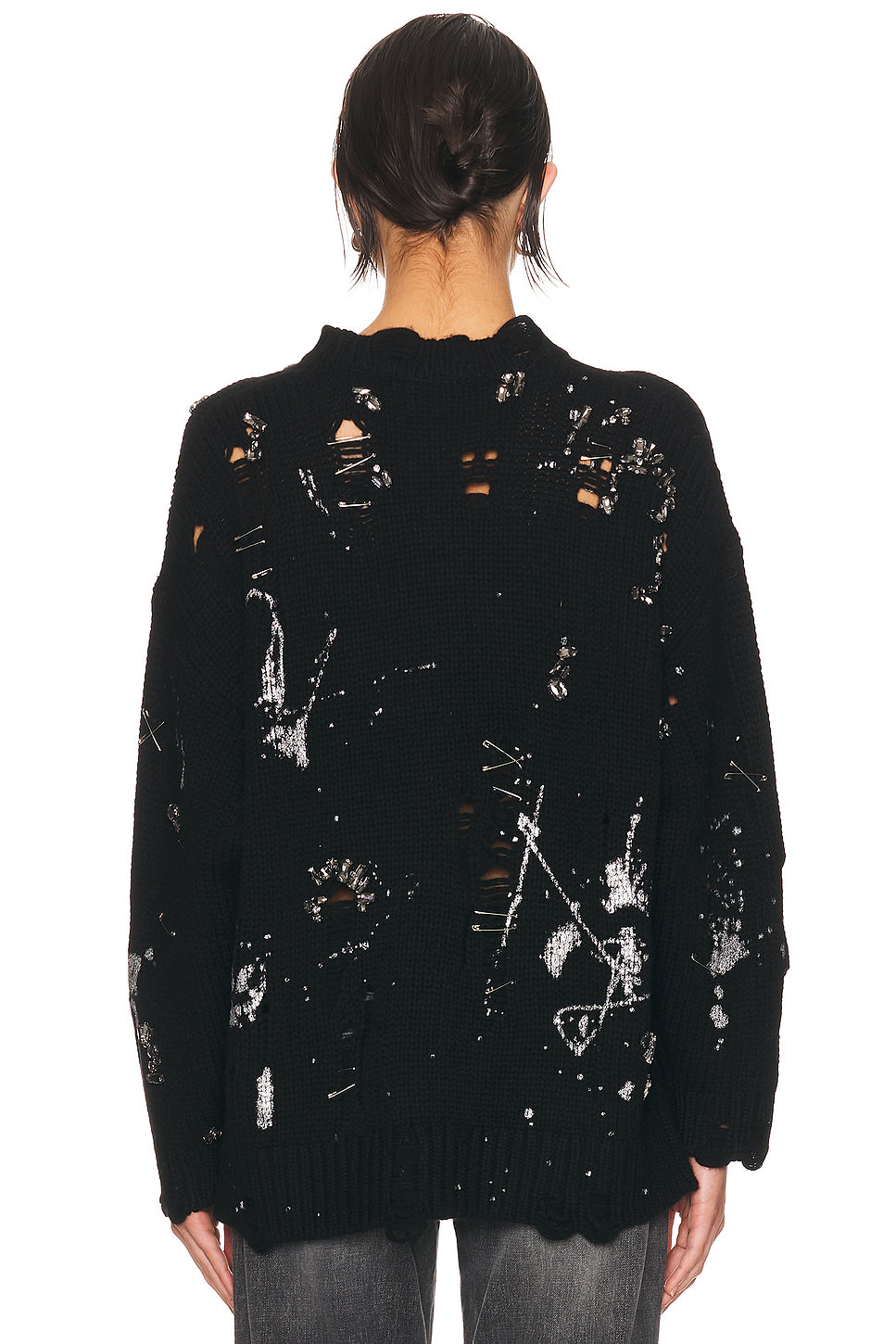 Distressed Oversized Crystal Pin Sweater