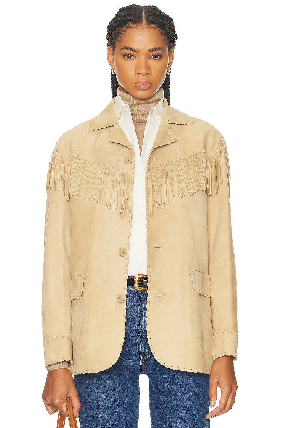 Ryland Fringe-Trim Lamb-Suede Jacket