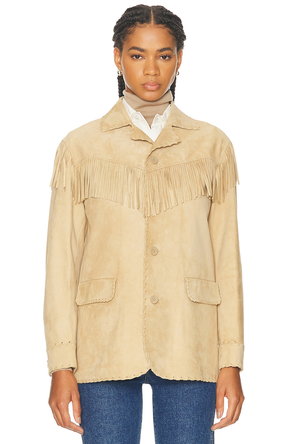 Ryland Fringe-Trim Lamb-Suede Jacket