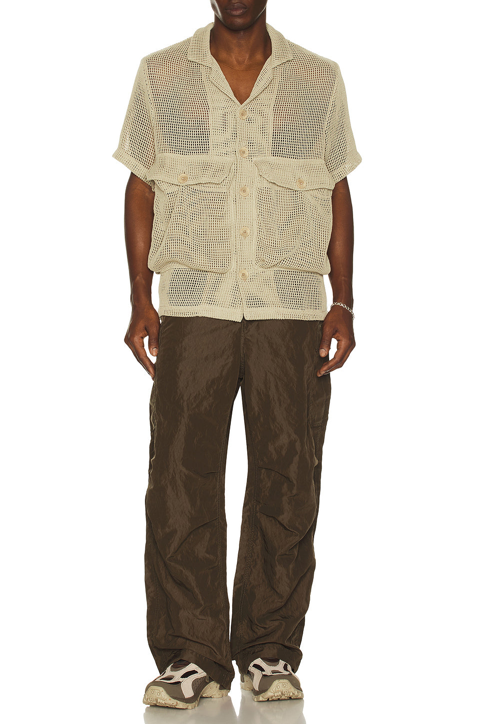 Crochet Knit Short Sleeve Cargo Shirt