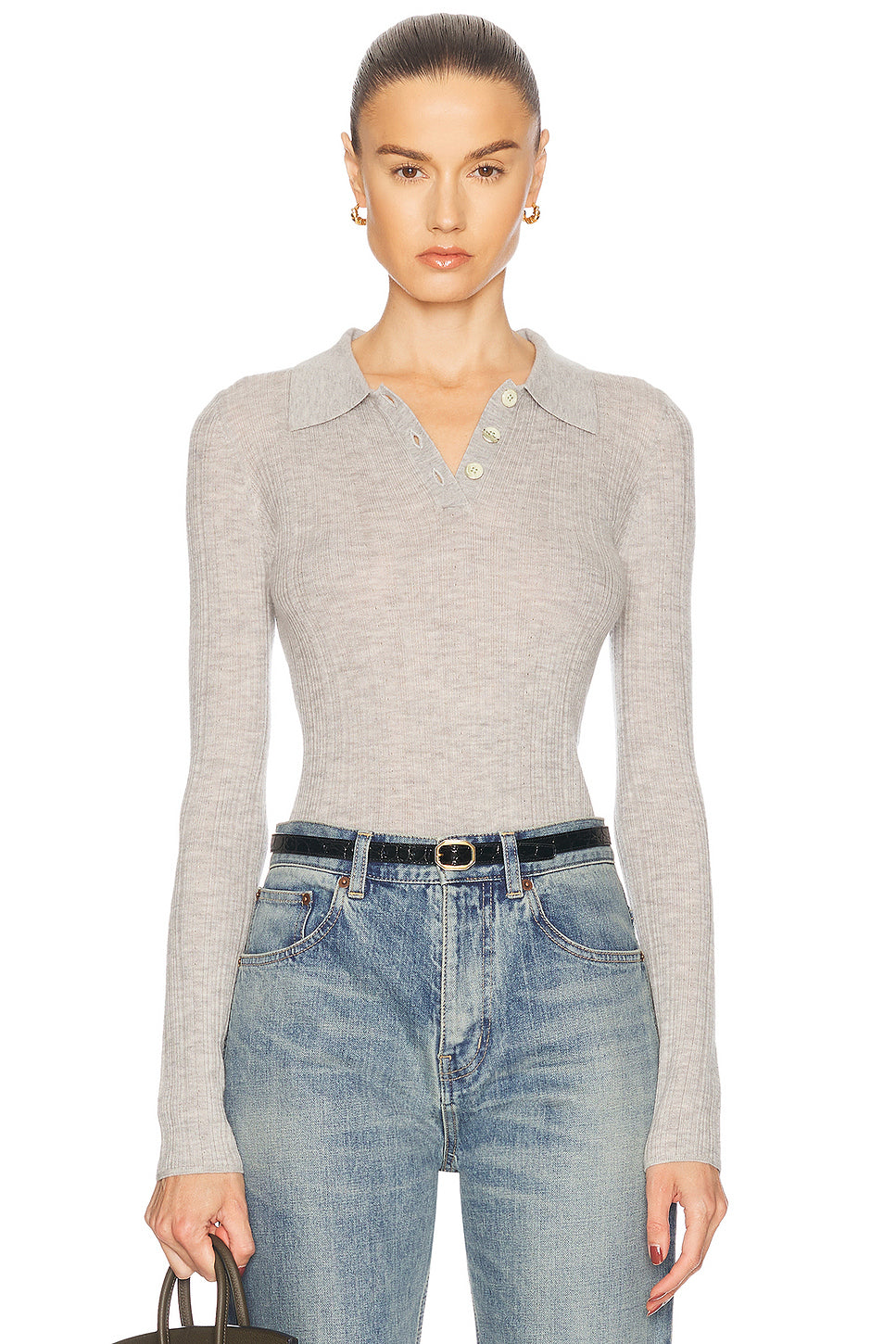Cashmere Silk Rib Pointelle Knit Polo