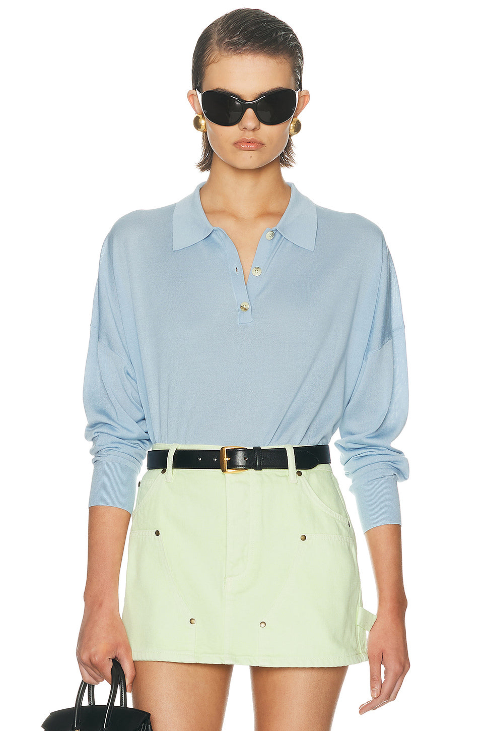 Silk Cashmere Boxy Long Sleeve Polo Top