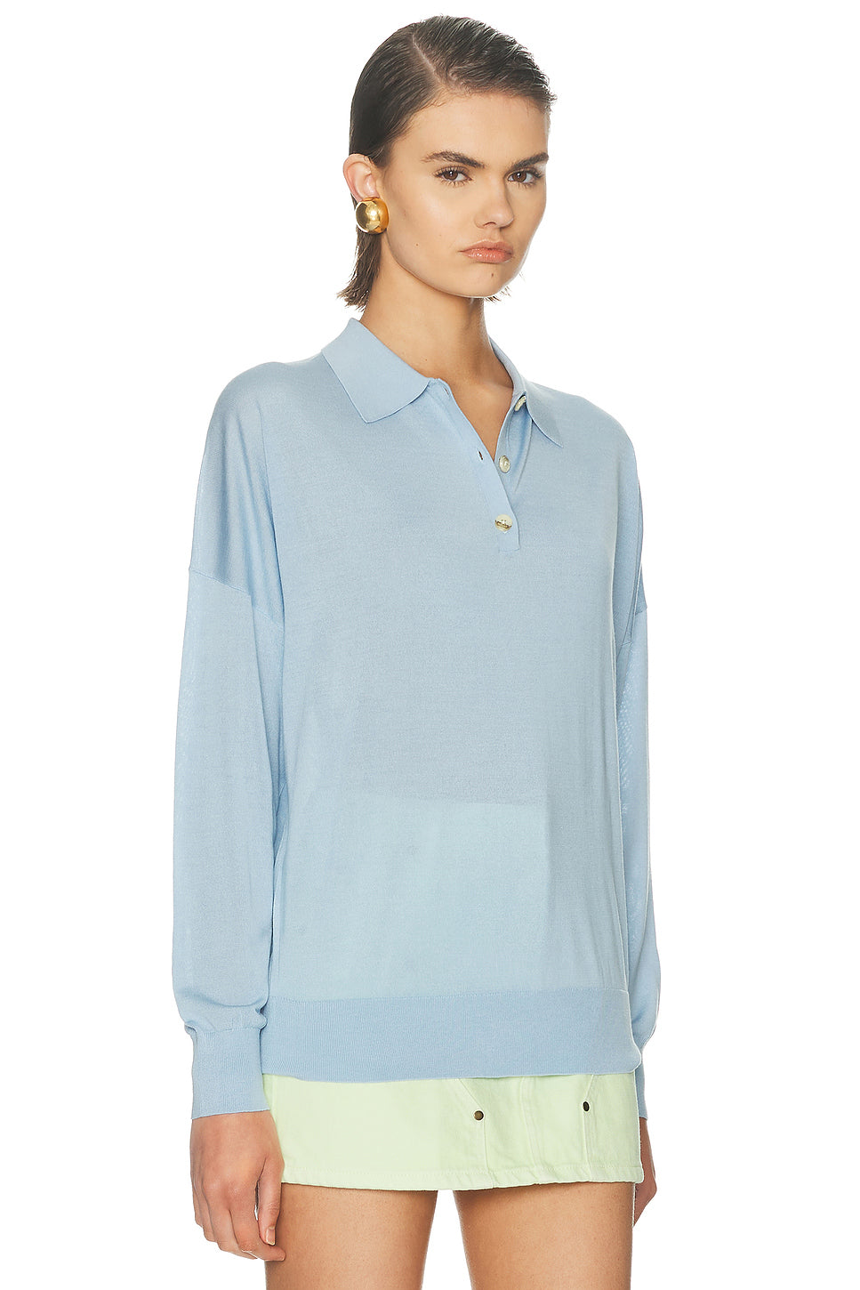 Silk Cashmere Boxy Long Sleeve Polo Top