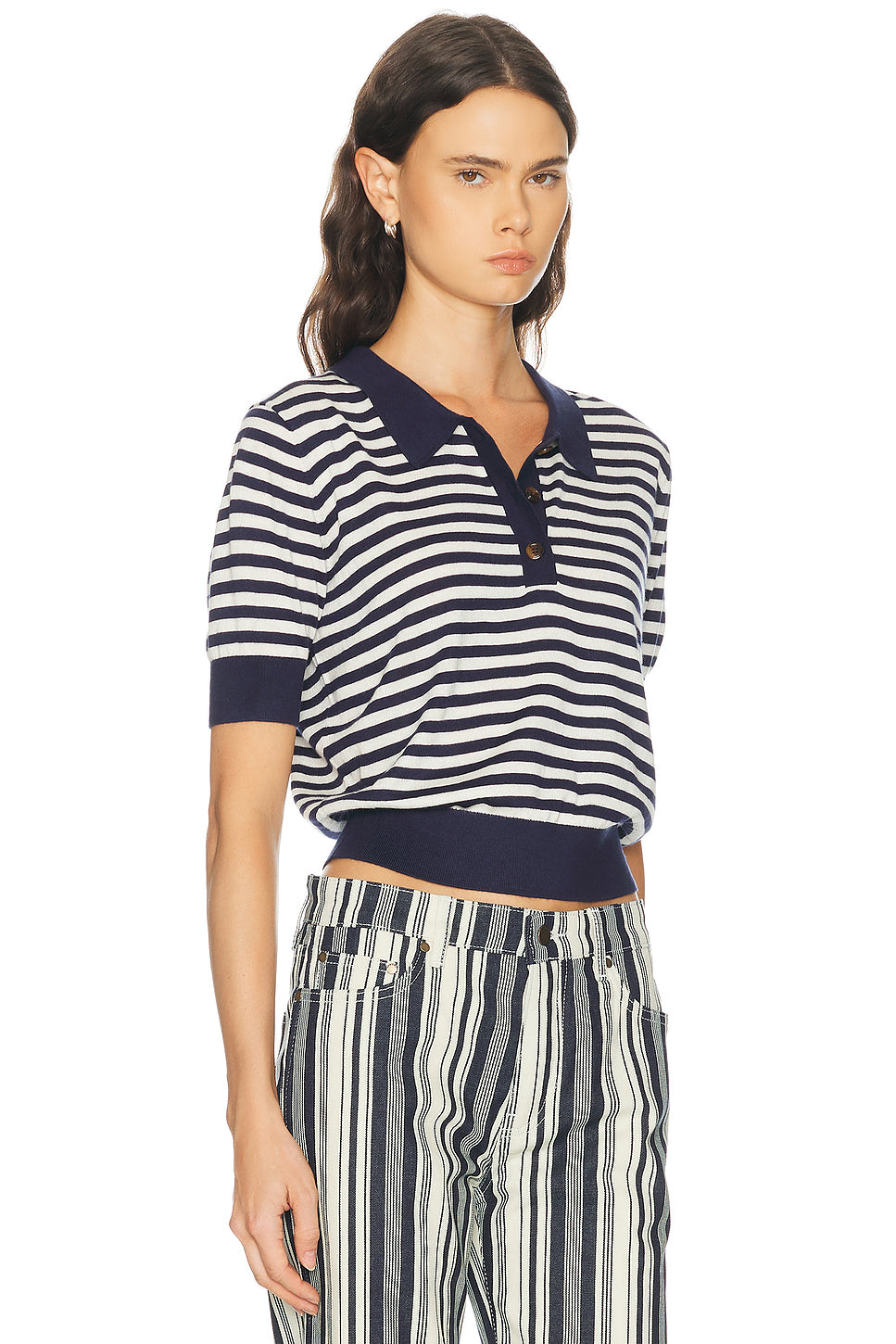 Silk Cashmere Stripe Knit Polo Top