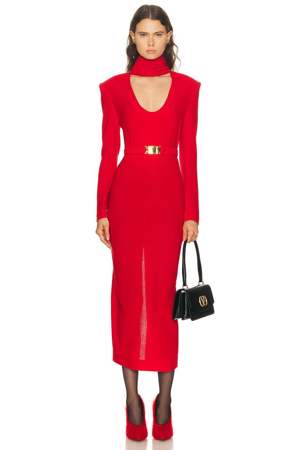Long Sleeve Plunging Draped Collar Dress