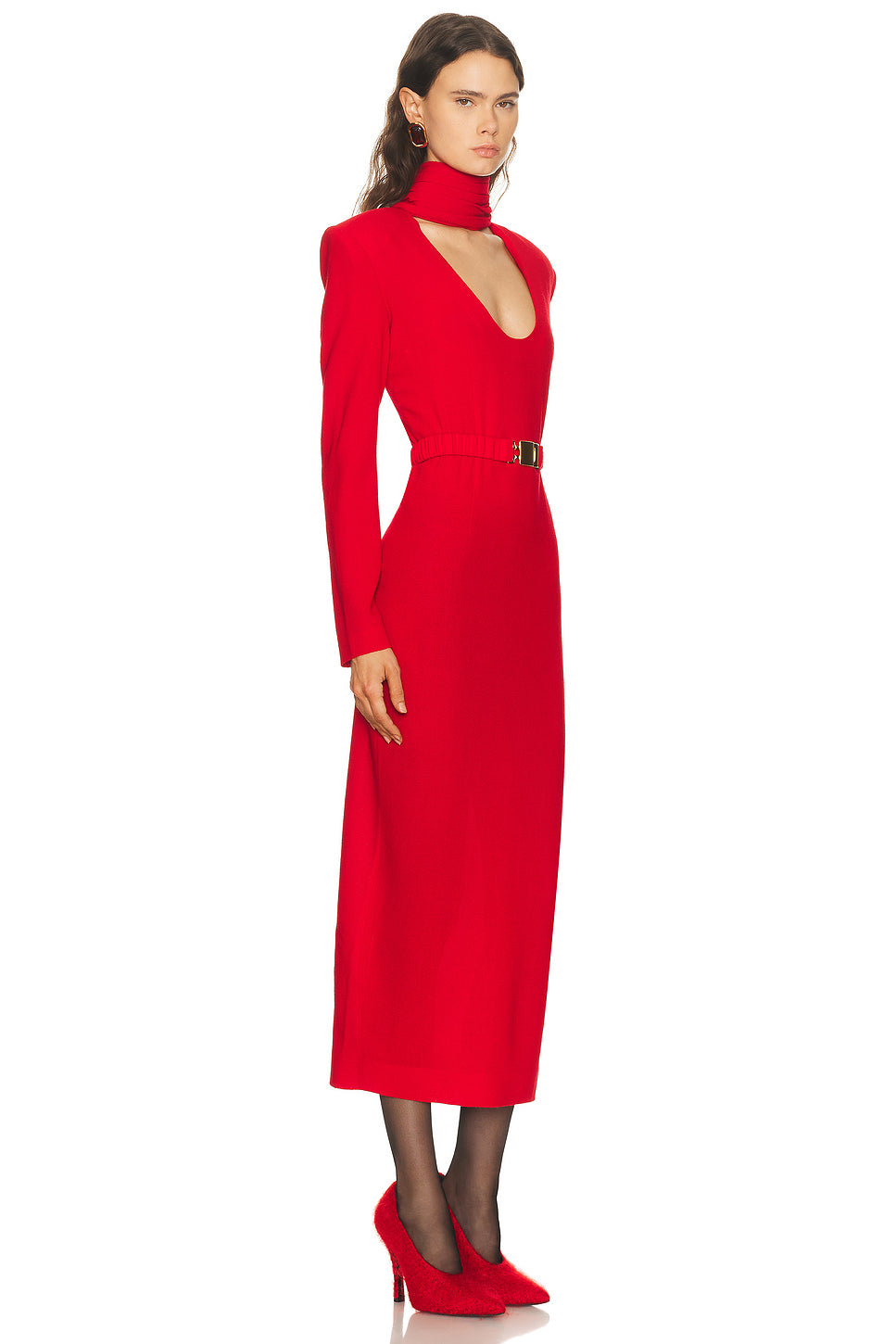 Long Sleeve Plunging Draped Collar Dress