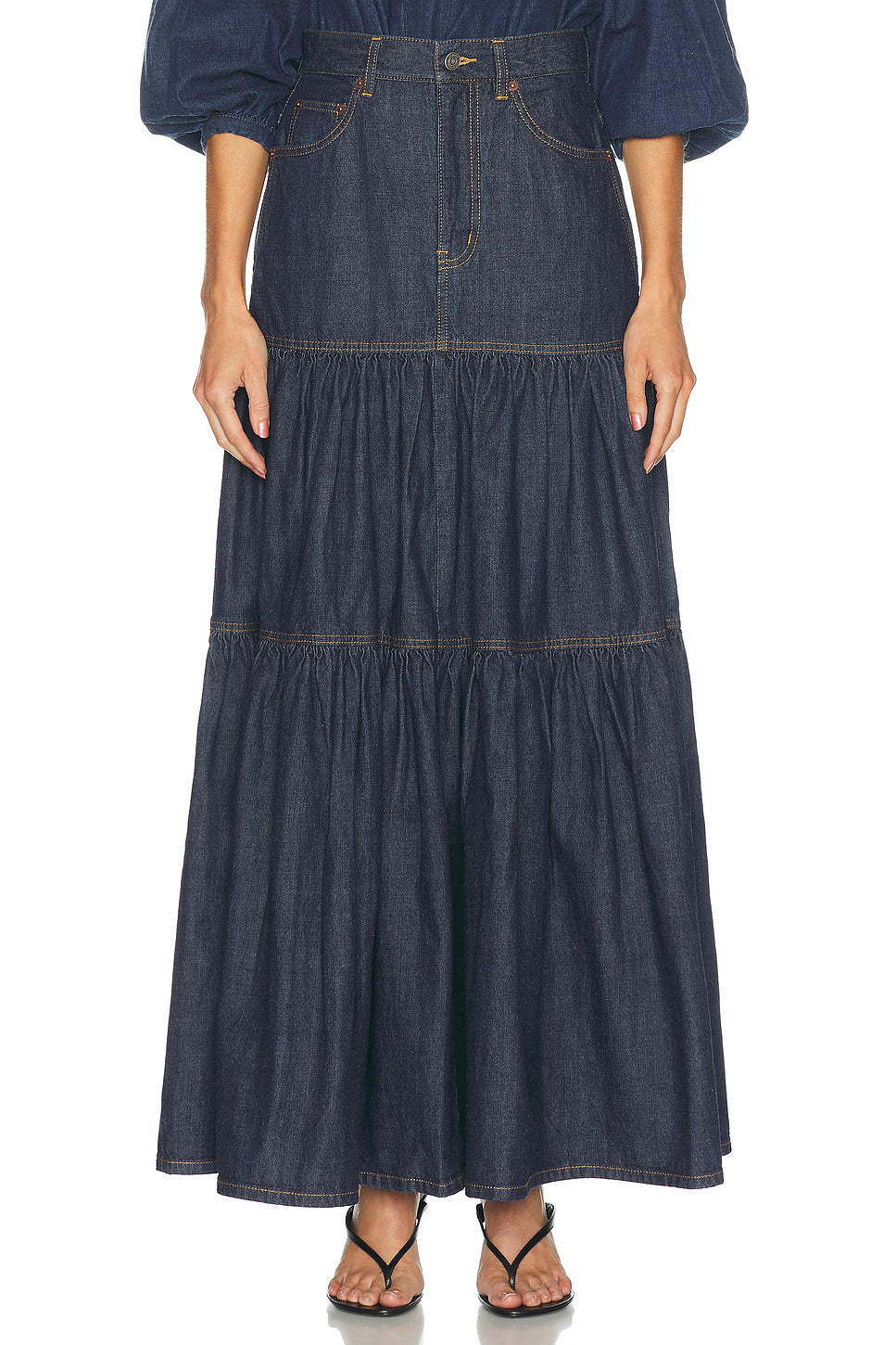 Denim Long Ruffle Skirt