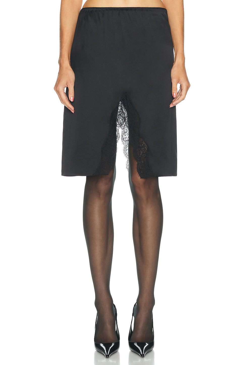 Lace Trimmed Satin Midi Skirt
