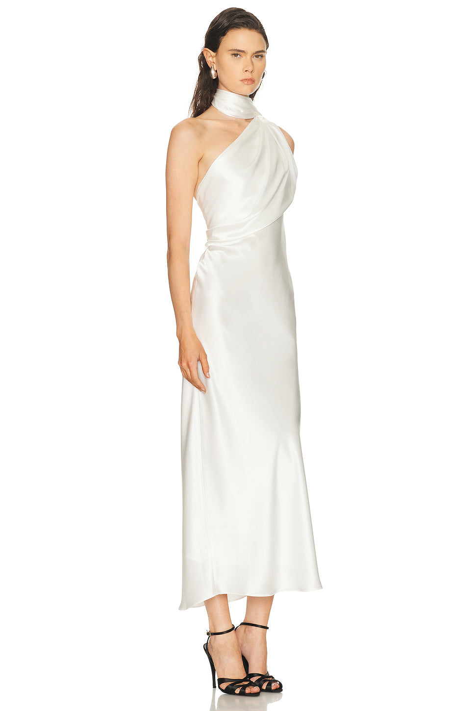 Draped Scarf Neck Satin Dress