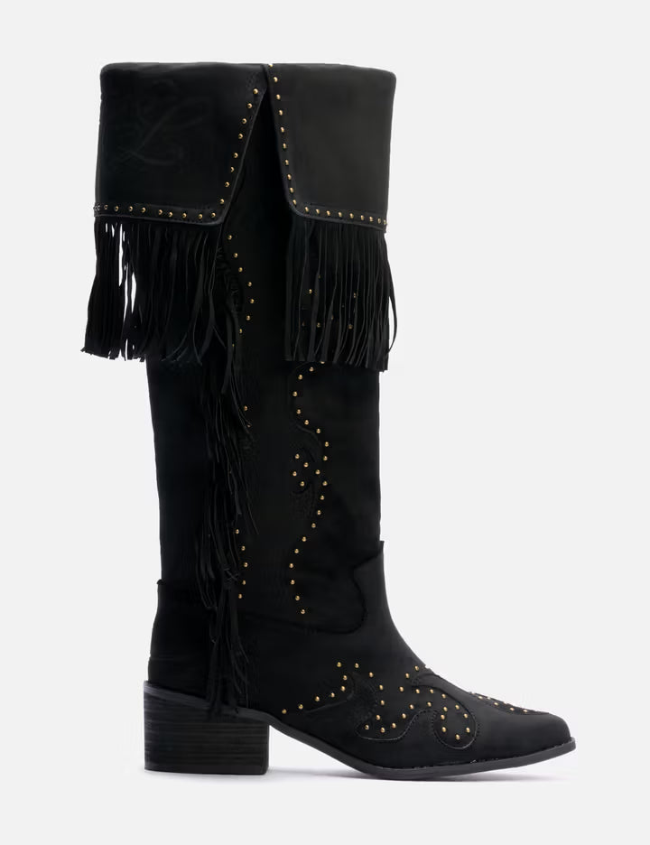 Studded Suede Fringe Boots Black