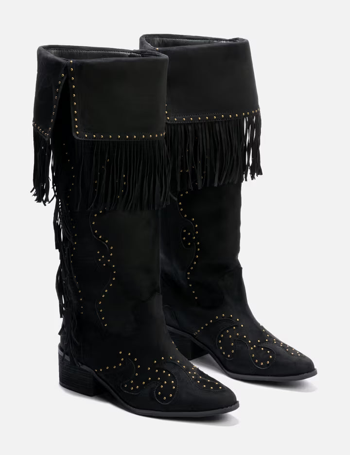 Studded Suede Fringe Boots Black