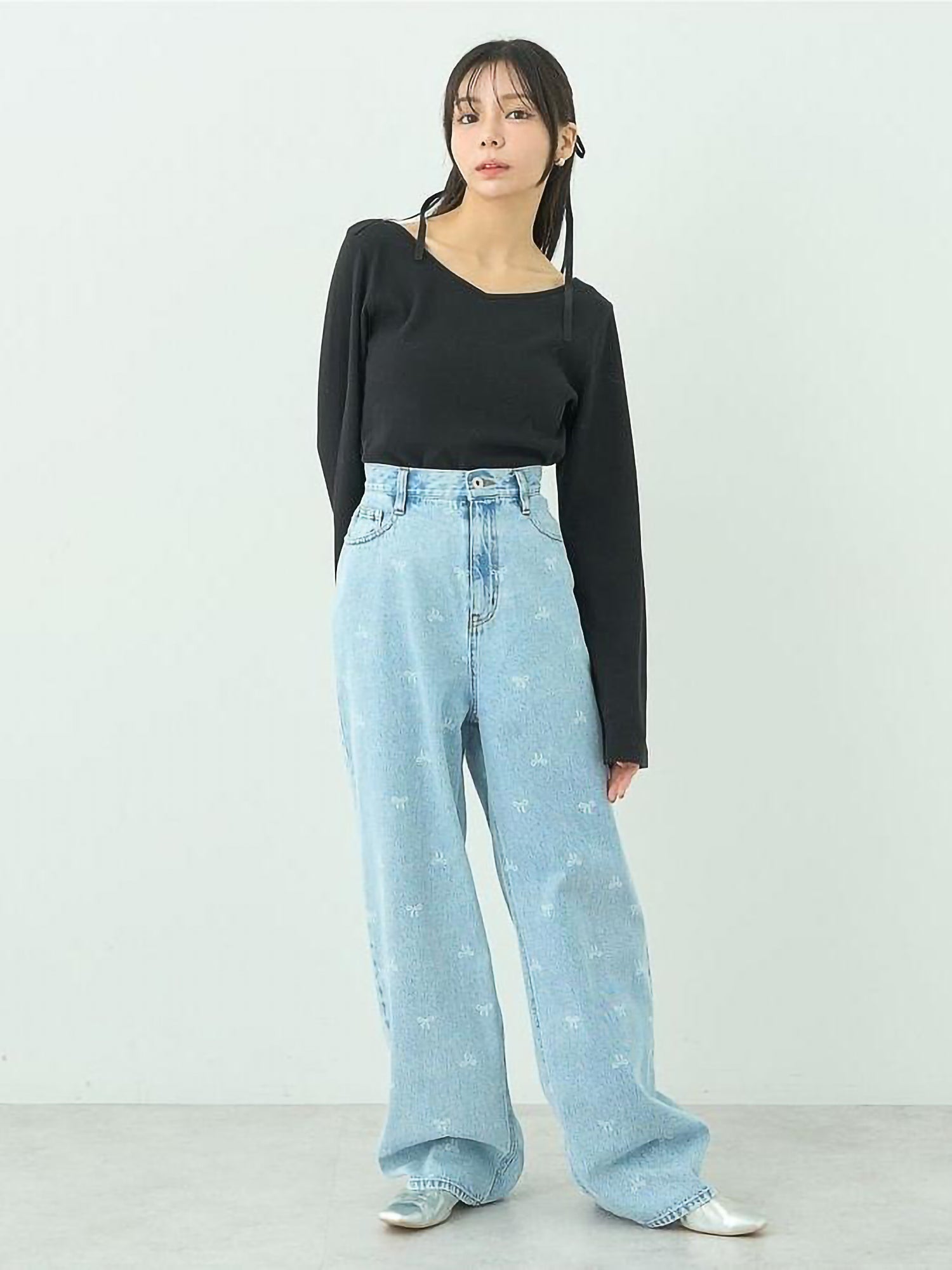 Sumire Ribbon Print Denim Pants
