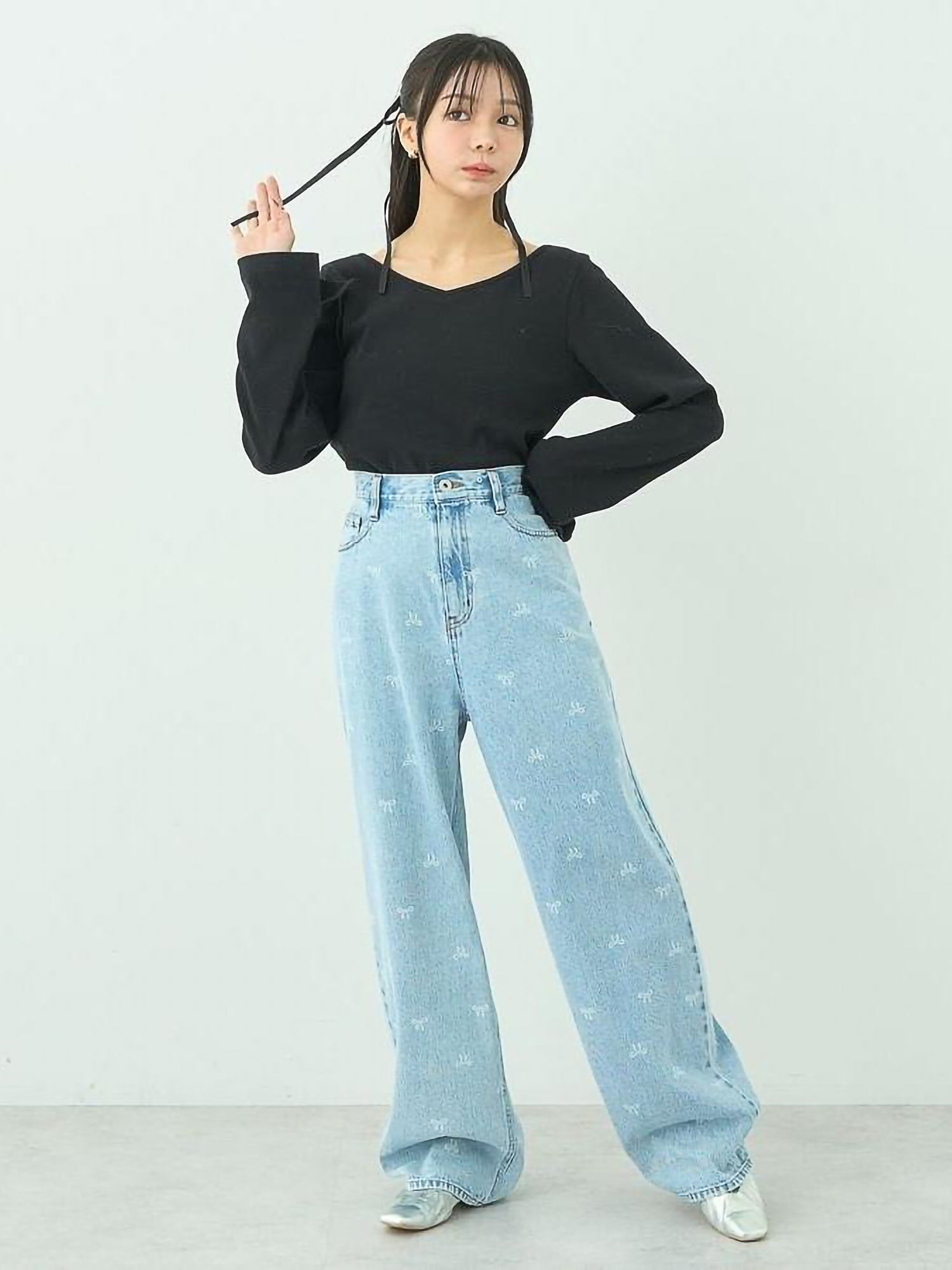 Sumire Ribbon Print Denim Pants