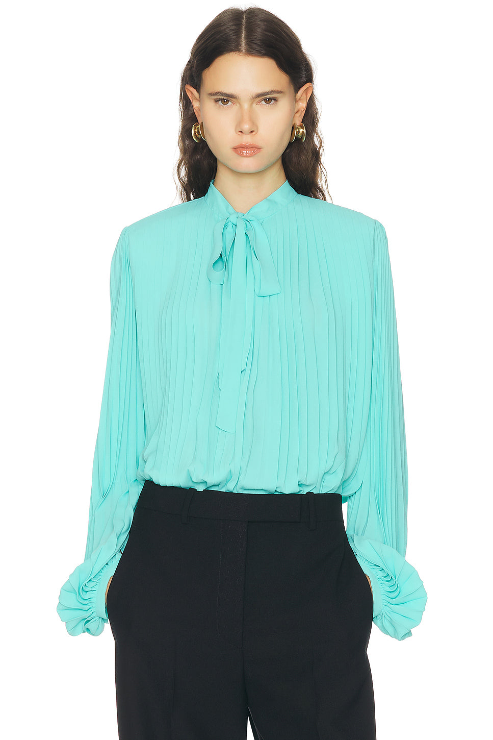 Crepe De Chine Sunray Plisse Lavalliere Shirt