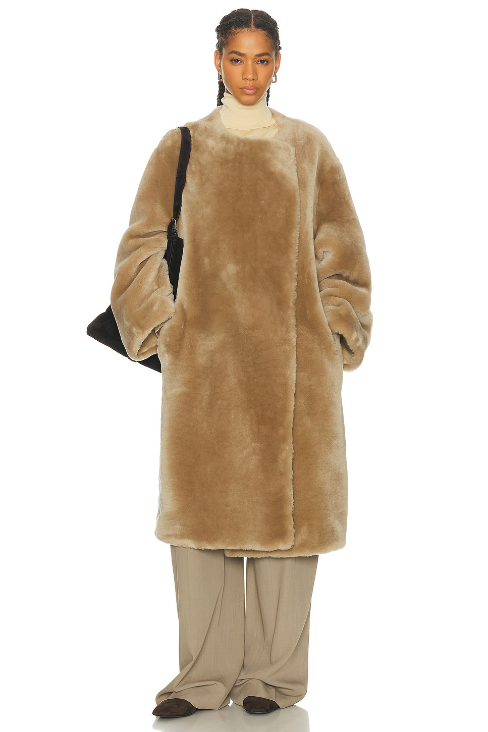 Collarless Shearling Coat