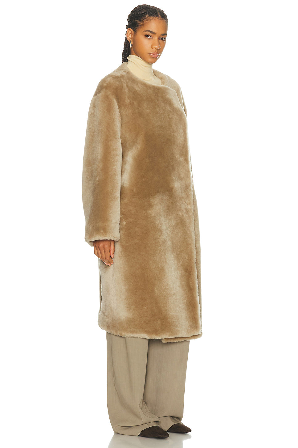 Collarless Shearling Coat