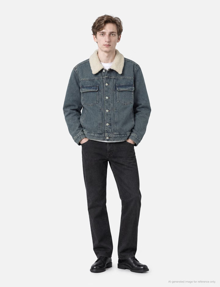 Faded Indigo Denim Jacket With Faux Shearling Collar
