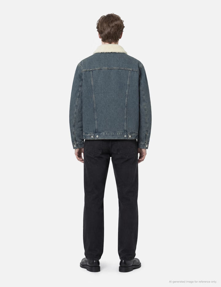 Faded Indigo Denim Jacket With Faux Shearling Collar