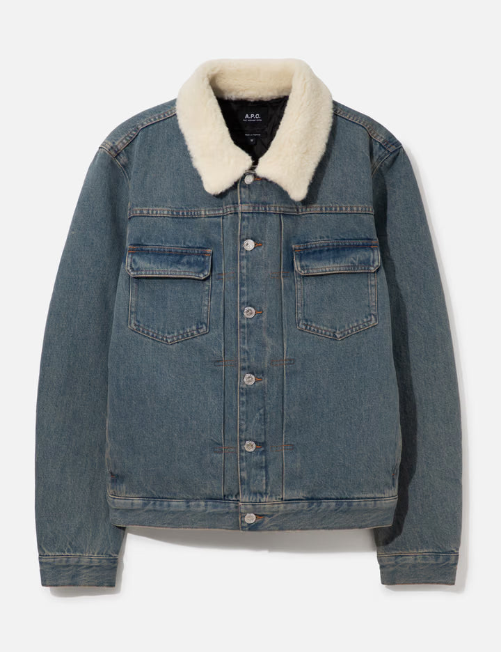 Faded Indigo Denim Jacket With Faux Shearling Collar