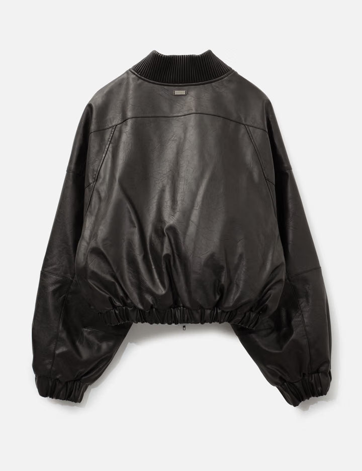 Faux Leather Ribbed Collar Blouson