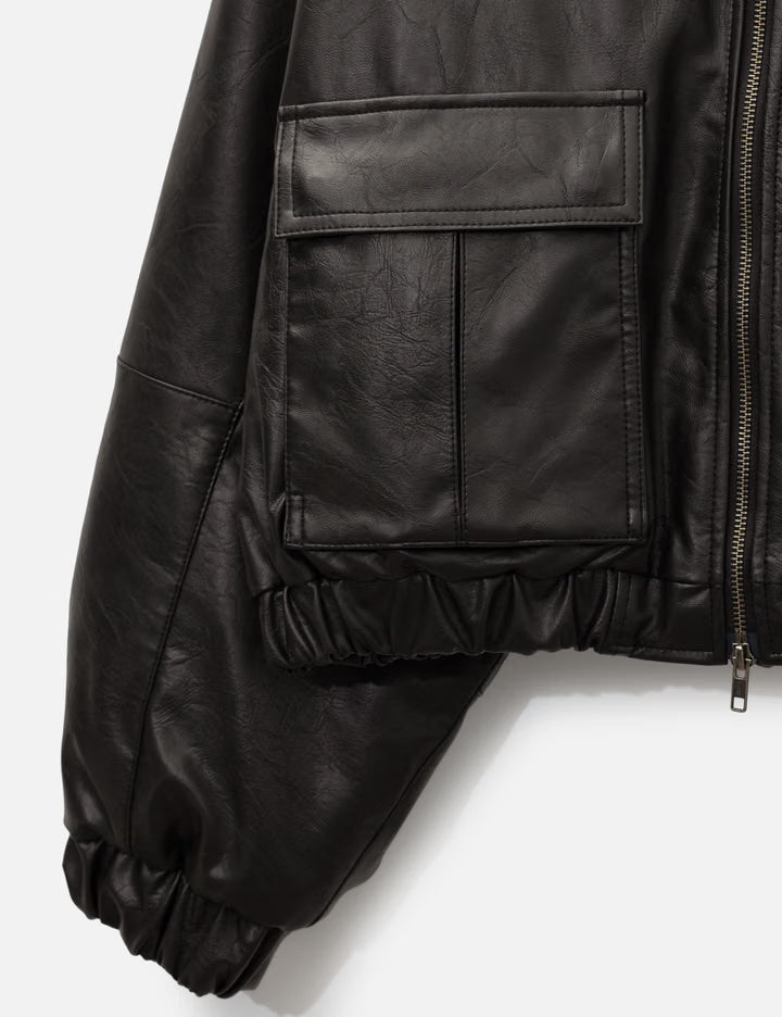 Faux Leather Ribbed Collar Blouson