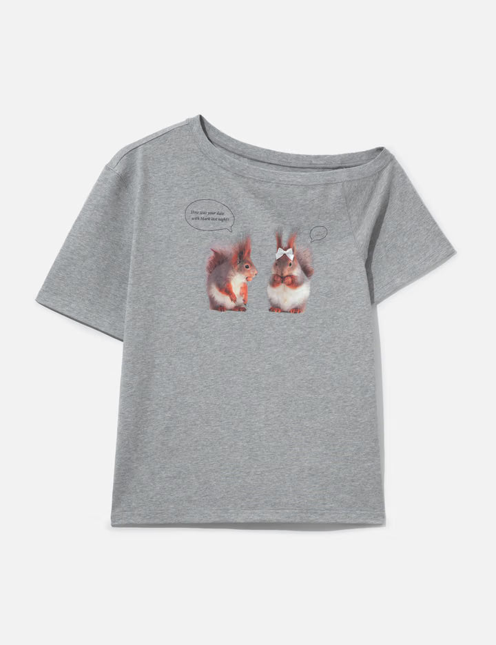 Gray Squirrel Printed One-Shoulder Short Sleeve T-Shirt