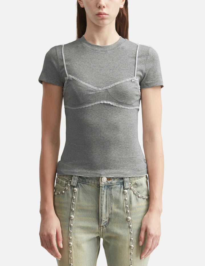 Grey Lace-Trim Bralette Detail T-Shirt